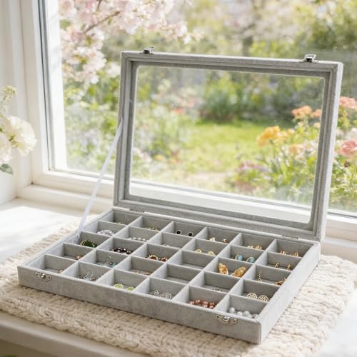 Wudygirl 30 Grid Jewelry Organizer Velvet Jewelry Box Jewelry Tray with Clear Lid Storage Case Showcase Display Stackable Removable (30 Grid) | 30 Grid Jewelry Organizer for Earrings, Perfect for Home Organization, Jewelry Display, Gift Giving, Dustproof