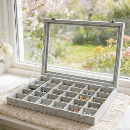 Wudygirl 30 Grid Jewelry Organizer Velvet Jewelry Box Jewelry Tray with Clear Lid Storage Case Showcase Display Stackable Removable (30 Grid) | 30 Grid Jewelry Organizer for Earrings, Perfect for Home Organization, Jewelry Display, Gift Giving, Dustproof