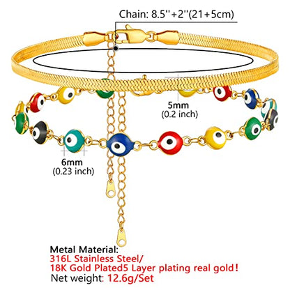 Supcare Evil Eye Anklets for Women,Cuban/Figaro/Mariner/Snake Chain Layered Ankle Bracelet Gifts (with Gift Packing) - color: 04-layered snake gold