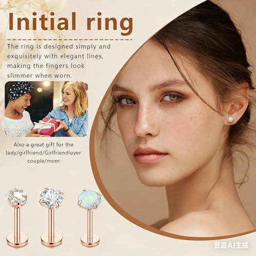 15Pcs 20G/18G/16G Flat Back Push in Stud Earrings 316L Surgical Stainless Threadless nose rings Medusa Piercing Jewelry Hypoallergenic Labret Studs Lip Rings ring for Women Men Be Equipped With Ball Grabber Tool - color: Rose Gold, size: 20G(0.8MM)