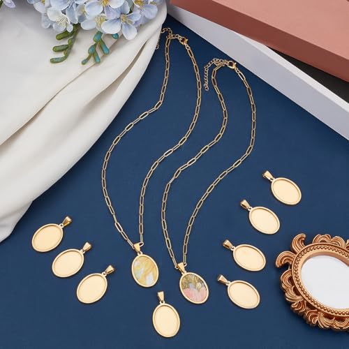 1 Box 10Pcs Oval Cabochon Blanks Gold Pendant Trays 304 Stainless Steel 18 x 25mm Photo Cameo Resin Blank Cabochons Bezel Base Settings for Jewelry Making Earrings Bracelet Necklace DIY Craft - style: gold oval