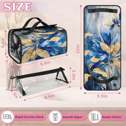 Blue Gold Leave Hanging Roll Up Cosmetic Bag with 4 Removable Storage Bags Waterproof Foldable Toiletry Kit for Women - color: Multicolor 1