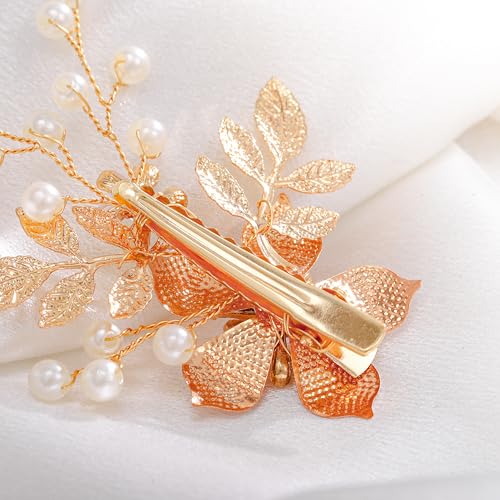 Foyte Bridal Flower Hair clip Pearl Wedding Hair Piece Gold Bride Leaf Barrettes Bridal Hair Accessories for Women and Brides