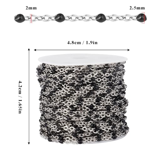33FT 2mm Gold Cable Chains Black Enamel Chains Bulk Roll for Jewelry Making | 304 Stainless Steel Enamel Beaded Cable Chains Roll Spool for Necklace Bracelet Craft - color: Stainless Steel Black Beads