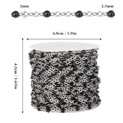 33FT 2mm Gold Cable Chains Black Enamel Chains Bulk Roll for Jewelry Making | 304 Stainless Steel Enamel Beaded Cable Chains Roll Spool for Necklace Bracelet Craft - color: Stainless Steel Black Beads