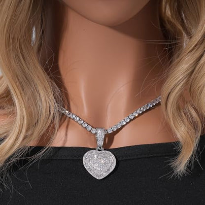 Lulu Mel Silver Heart Necklace 14K Gold Plated Heart Pendant Cubic Zirconia Necklace for Women Men, Iced Out Love Necklace Jewelry Gift Valentine's Day/Mother's Day/Christmas/Anniversary/Birthday Gift - color: Silver, style: Square Diamond Heart