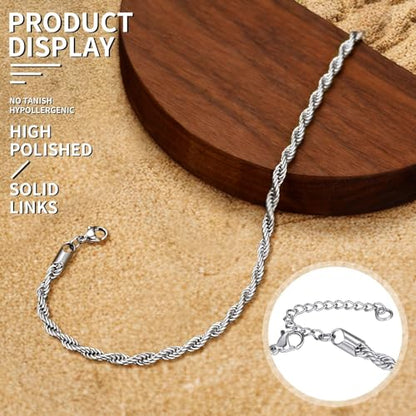 ChainsHouse Ankle Bracelets for Women, Stainless Steel Beaded Chain Ankle Bracelet, Womens Heart Anklets for Summer Beach Jewelry Gifts - color: L: twisted rope-6mm-stainless