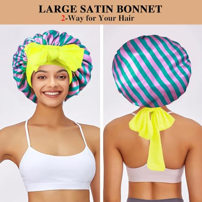 2+3 Large Satin Bonnets with Scrunchies for Women, Hair Bonnet Sleeping Tie Bonnet for Braids Curly Hair - color: K - Strawberry Pink, Stripes