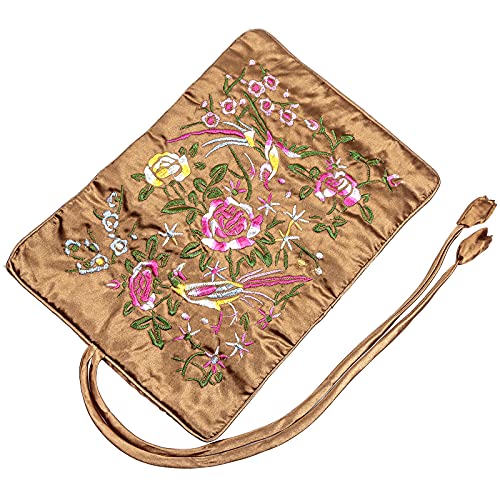 TUMBEELLUWA Embroidery Travel Jewelry Bag Roll Embroidered Flower and Bird Brocade Organizer with Tie Close - color: Brown