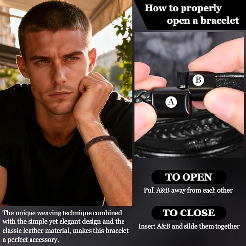 REVOLIA 3Pcs Black Leather Bracelets for Men Women Braided Leather Wristband Cuff Bracelets Multi-Layer Braided Leather Bracelets Set 7.5-9 Inches - color: Brown