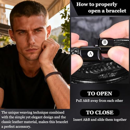 REVOLIA 3Pcs Black Leather Bracelets for Men Women Braided Leather Wristband Cuff Bracelets Multi-Layer Braided Leather Bracelets Set 7.5-9 Inches - color: Brown