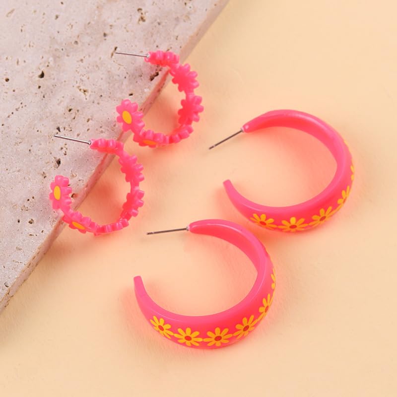 2Pairs Y2k Round Chunky Hoop Earrings Set Matte Acrylic Daisy Large Retro Neon Circle Earring 80s 90s Halloween Multicolor Loops for Women Summer Party Jewelry 80s Outfit Accessorie - color: Rose Pink