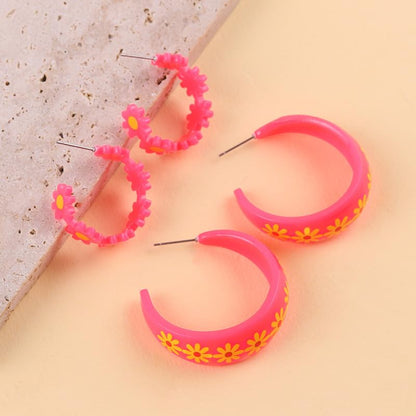 2Pairs Y2k Round Chunky Hoop Earrings Set Matte Acrylic Daisy Large Retro Neon Circle Earring 80s 90s Halloween Multicolor Loops for Women Summer Party Jewelry 80s Outfit Accessorie - color: Rose Pink