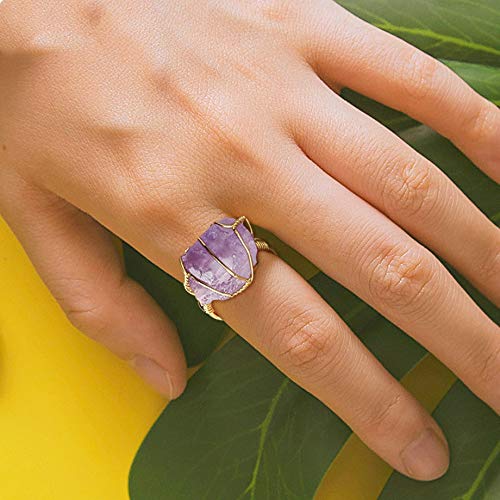 COLORFUL BLING Raw Healing Crystal Natural Stone Ring Statement Copper Wire Wrapped Irregular Crystal Gemstone Adjustalble Ring Jewelry for Women - color: Amethyst