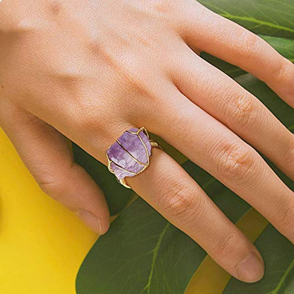 COLORFUL BLING Raw Healing Crystal Natural Stone Ring Statement Copper Wire Wrapped Irregular Crystal Gemstone Adjustalble Ring Jewelry for Women - color: Amethyst