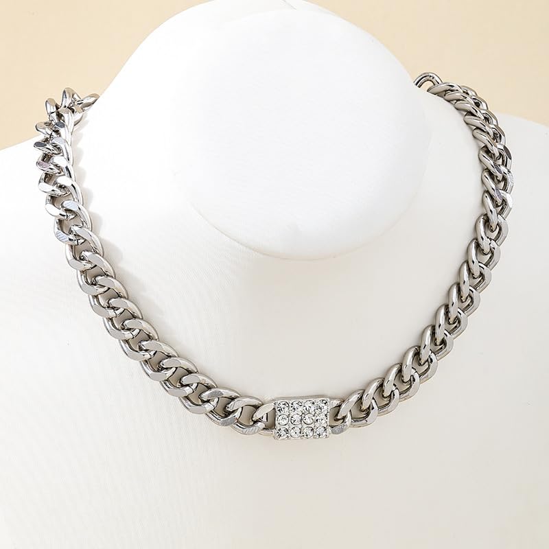 Elegant Silver Chain Choker Necklace with Crystal Accent, Chunky Curb Link Design, Adjustable Length, Fashion Statement Jewelry