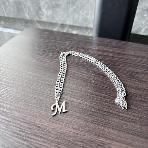 Stainless Steel Initial A-Z Necklace for Men Women,Cuban Chain,Titanium Steel Initial Letter Pendant Charm Necklaces Accessories Jewelry for Woman Man,21 Inch Chain - color: M