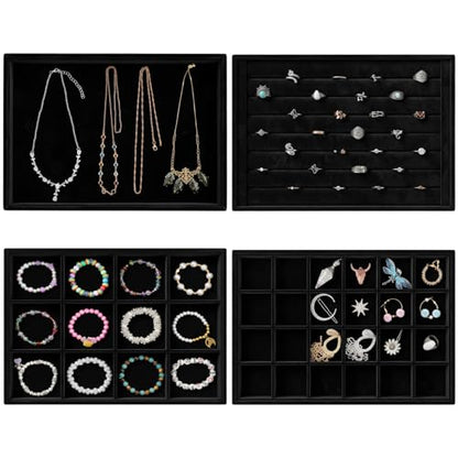 Stackable Jewelry Trays 4 Set Black Drawer Organizer Velvet | versatile 4-piece set, soft velvet lining, space-saving stackable design, customizable organization, easy maintenance