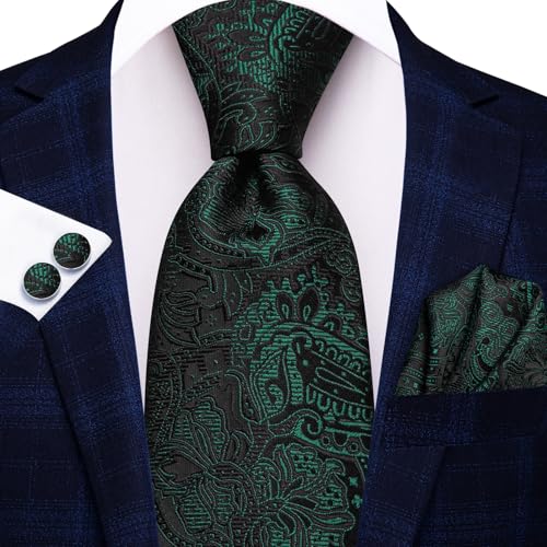 Hi-Tie Men 63inches Tie Set Extra Long Necktie Paisley Tie Pocket Suqare Cufflinks Big and Tall Men Tie - color: Black Green Forest