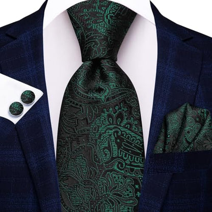 Hi-Tie Men 63inches Tie Set Extra Long Necktie Paisley Tie Pocket Suqare Cufflinks Big and Tall Men Tie - color: Black Green Forest