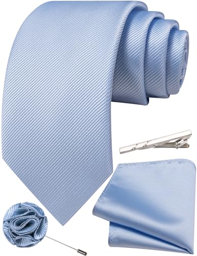 Solid Color Tie and Pocket Square with Tie Clip Lapel Pin Silk Formal Necktie Set Wedding Formal - color: Baby Blue