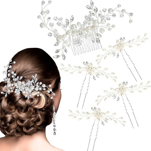 5 Pieces Wedding Hair Accessories: Pearl Crystal Rhinestone Hair Comb, Hair Pins for Brides, Bridesmaids, Women, Girls (Silver, Gold) - color: Silver