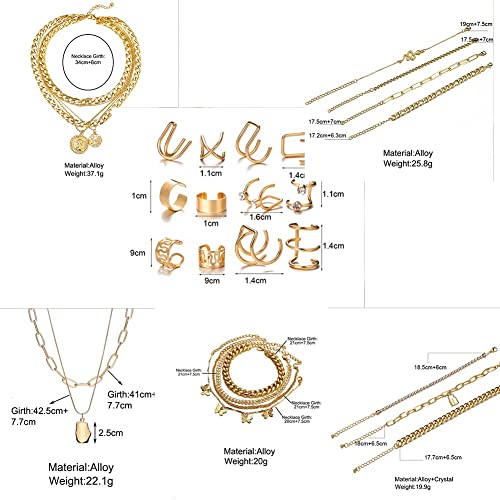 60 PCS Gold Jewelry Set with Multi-Layered Bracelet Necklace, Dangle Earrings, Stackable Ring For Women Valentine Anniversary Jewelry Pack Gifts For Her - color: GOLD