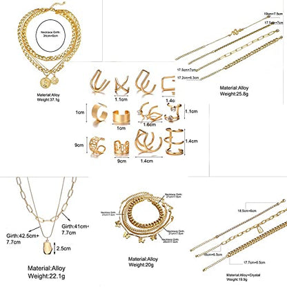 60 PCS Gold Jewelry Set with Multi-Layered Bracelet Necklace, Dangle Earrings, Stackable Ring For Women Valentine Anniversary Jewelry Pack Gifts For Her - color: GOLD