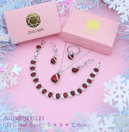 Wedding Jewelry Set for Women Gem Necklace Earrings Bracelet Luxury Jewelry Set Birthday Valentine's Day Mother's Day Christmas Prom Jewelry Gift - color: SYSD-Ruby