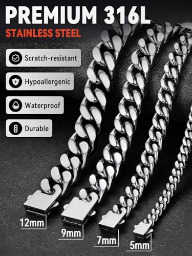 FaithHeart Cuban Link Bracelet for Men, Silver/Black/14K Gold Plated Stainless Steel Wrist Link Hip Hop Chain Bracelets, 5mm/7mm/9mm/12mm Width, 7.5"/8.3"/9" Length, with Gift Box - color: A. Silver-09mm Width, size: Length 8.3 Inches