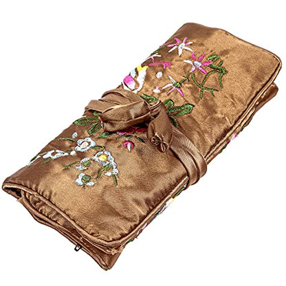 TUMBEELLUWA Embroidery Travel Jewelry Bag Roll Embroidered Flower and Bird Brocade Organizer with Tie Close - color: Brown