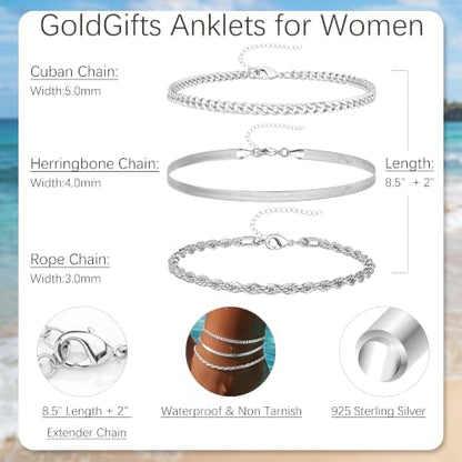 Waterproof Ankle Bracelets for Women,14k Gold Plated Hypoallergenic Layered Stackable herringbone Cuban Link Chain,Adjustable Beach Anklets Bracelets for Women Gift 3pc Sets - color: Silver