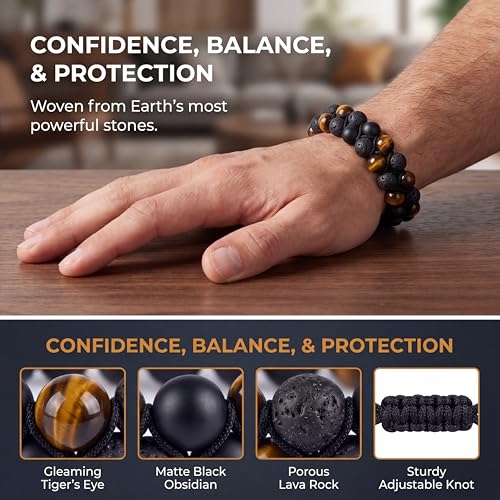 Triple Protection Bracelet & Healing Crystals Tiger Eye Beads Bracelet for Men Women, Natural Stone Bracelets for Men - style: Tigers Eye Black Obsidian Lava Style - A