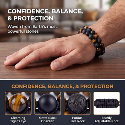 Triple Protection Bracelet & Healing Crystals Tiger Eye Beads Bracelet for Men Women, Natural Stone Bracelets for Men - style: Tigers Eye Black Obsidian Lava Style - A