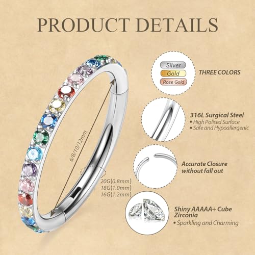 FUNLMO 20G 18G 16G 12G Nose Ring Hoop Conch Rook Daith Helix Tragus Piercing Jewelry 316L Surgical Steel Cartilage Earring Conch Hoop Earring Septum Jewelry Belly Lip Ring 5mm to 14mm - color: Silver-Multicolor CZ, 1pc