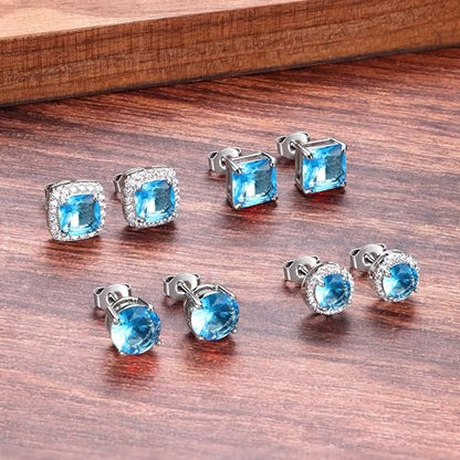 MILACOLATO S925 Sterling Silver Stud Earrings for Women Men Hypoallergenic 18K Gold Plated Cubic Zirconia Earrings Studs Brilliant Simulated Diamond Halo Earring for Sensitive Ears - style: 18K White Gold Plated - Blue CZ