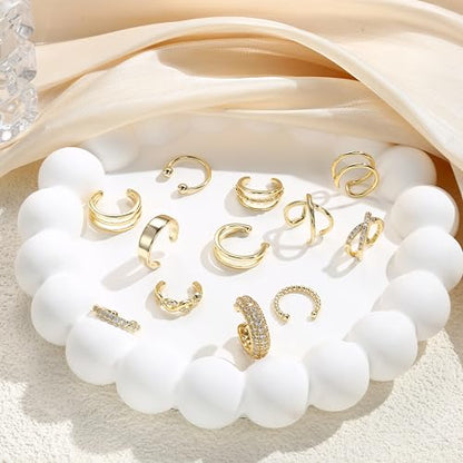 12Pcs Ear Cuff Earrings for Women Non Piercing 14K Gold Plated Ear Cuffs Non Pierced Clip on Cartilage Earring Adjustable Fake Earrings - color: 14 K Gold Ear Cuffs