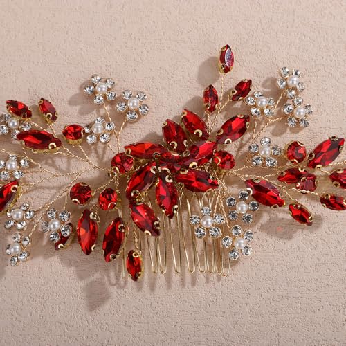 Teyglen Wedding Rhinestone Hair Comb with Pearl Bridal Red Crystal Flower Hair Side Comb Crystal Headpiece Handmade Rhinestone Hair Piece Flower Hair Accessories for Women (Red) - color: Red