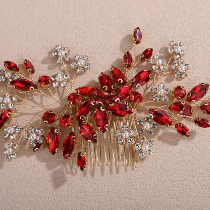 Teyglen Wedding Rhinestone Hair Comb with Pearl Bridal Red Crystal Flower Hair Side Comb Crystal Headpiece Handmade Rhinestone Hair Piece Flower Hair Accessories for Women (Red) - color: Red