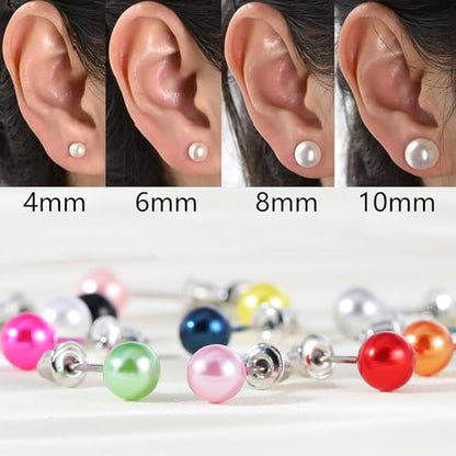 12 Pairs Colorful Pearl Stud Earrings for Women Stainless Steel Small Studs Set - color: 4mm