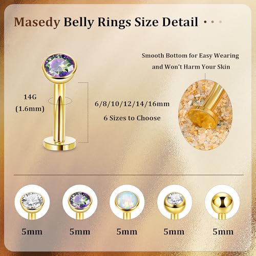 5PCS 316L Stainless Steel Floating Belly Button Rings for Women 14G Petite Flat Back CZ Belly Rings Hypoallergenic Small Opal Internally Threaded Navel Piercing Jewelry 6-16MM - color: Gold, size: 16mm