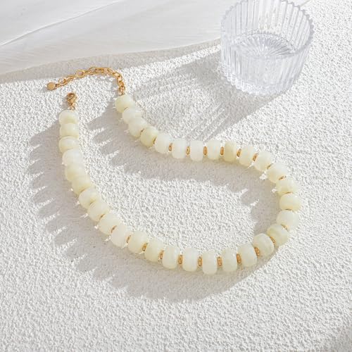 Chunky Colorful Choker Necklace for Women - Summer Beach Round Resin Beads Necklace, Trendy Statement Summer Beach Jewelry Birthday Gifts for Vacation Holiday - color: 14mm Shell White Beads