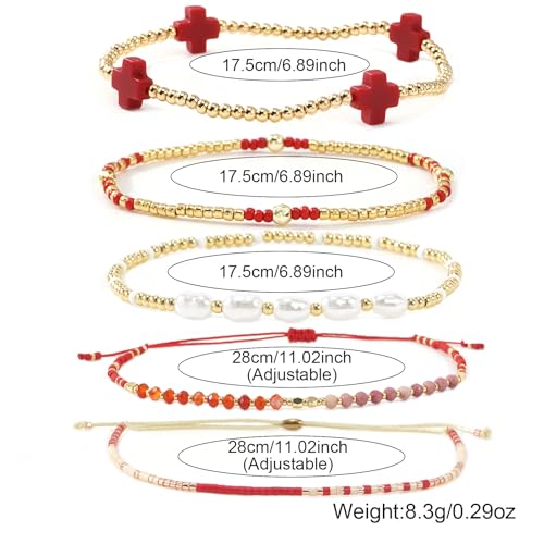 5Pcs Stack Gold Plated Ball Beaded Bracelets Set for Women, Boho Handmade Colorful Glass Pearl Stretch Accessories Jewelry, Summer Beach Daily Wear Holiday Friendship Gift - color: Red Cross