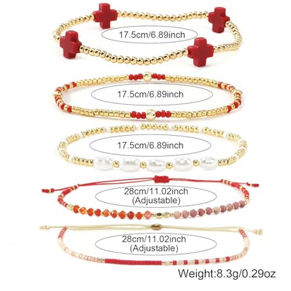 5Pcs Stack Gold Plated Ball Beaded Bracelets Set for Women, Boho Handmade Colorful Glass Pearl Stretch Accessories Jewelry, Summer Beach Daily Wear Holiday Friendship Gift - color: Red Cross