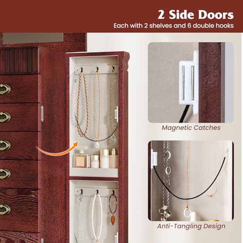Giantex Standing Jewelry Cabinet with 7 Drawers, Flip-Top Mirror, 2 Side Doors with 12 Necklace Hooks, Divided Ring Compartments, Velvet-Lined Jewelry Armoire Organizer Chest (Cherry) - color: Cherry