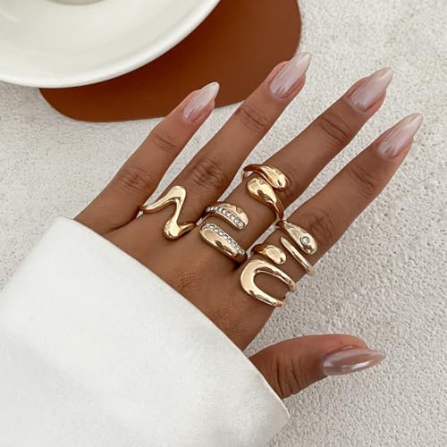 Chunky Gold Rings for Women Rhinestone Stackable Knuckle Ring Set Open Adjustable Statement Ring Set Dainty Crown Cross Midi Rings Fashion Jewelry Gift for Women - color: Gold4
