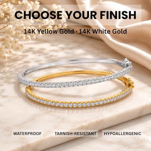 KISPER Bangle Bracelet for Women 2mm Dainty Plated CZ | 5A pave cubic zirconia simulated diamonds, 6.5-7.5 inches, box latch clasp, tarnish resistant, waterproof - color: 14k Yellow Gold Plated