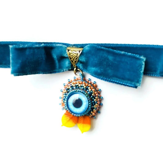 Blue Orange Beadwoven Eye Pendant Choker Velvet Halloween Embroidered Eye Fall Autumn