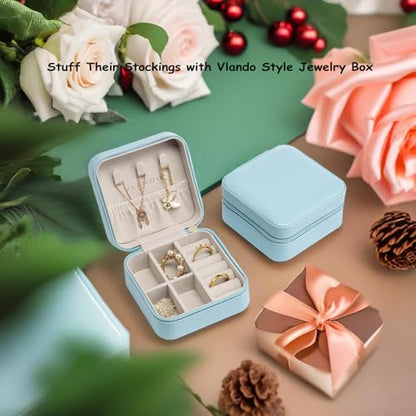 Vlando Small Travel Jewelry Box Organizer Display Case for Girls Women Gift Rings Earrings Necklaces Storage, Blue - color: Blue
