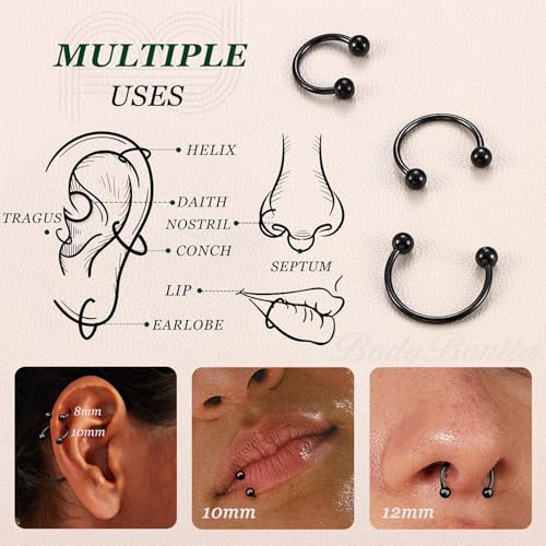 G23 Titanium 14/16/18/20G Septum Rings Horseshoe Nose Ring Jewelry | 2/3Pcs Circular Barbell Spike Lip Body Piercing Jewelry Conch Helix Tragus Earring Silver/Black 8/10/12mm 14K Gold Plated - color: Black-3pcs, size: Balls-3pcs-18g-8/10/12mm